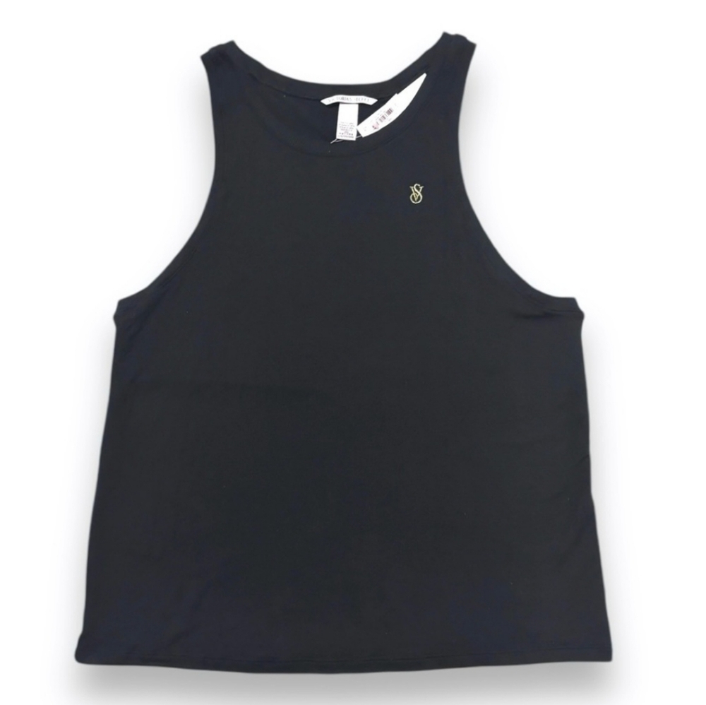 VIGTORIA’S SECRET Black Ribbed Modal Sleep Racerback Tank gold Metallic Monogram